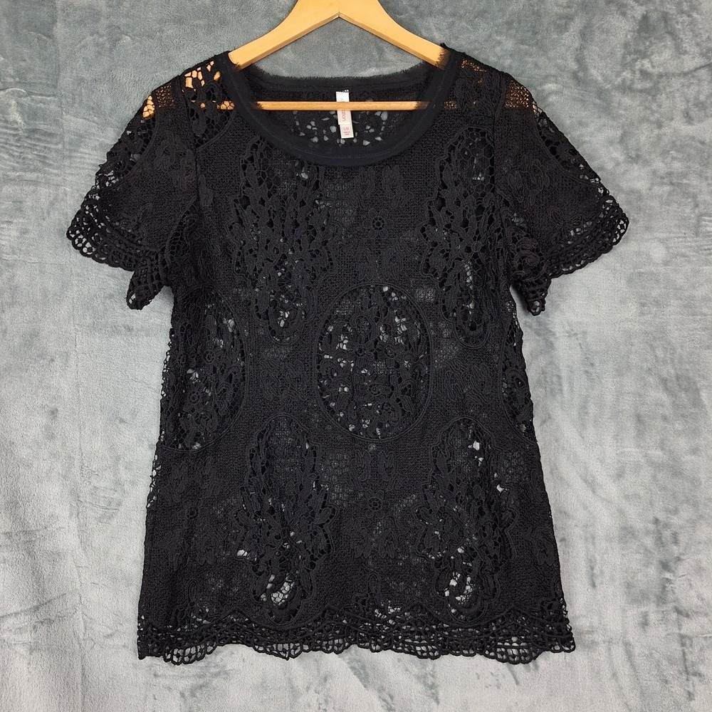 Womens‎ Top Large Black Whimsigoth Crochet Floral Knit Fairy Grunge Goth Sheer